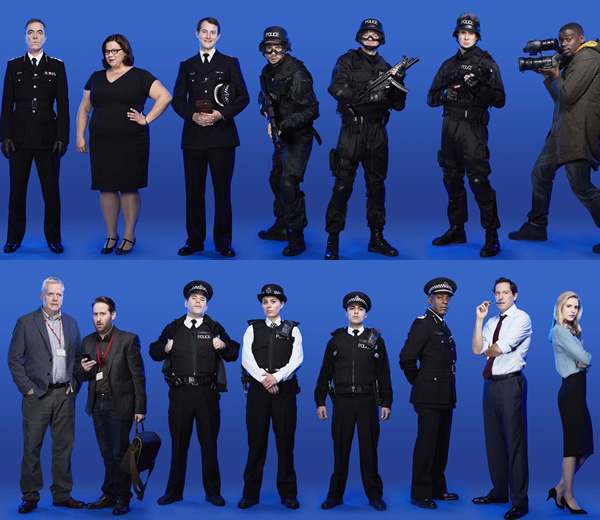 Babylon. Image credit is top row, followed by bottom row. Image shows from L to R: Richard Miller (James Nesbitt), Mia (Ella Smith), Tom Oliver (Jonny Sweet), Warwick (Nick Blood), Tony (Stuart Martin), Officer Neil (Andrew Brooke), Matt Coward (Daniel Kaluuya), Miles (Martin Trenaman), Gerry (Jim Howick), Clarkey (Cavan Clerkin), Davina (Jill Halfpenny), Robbie (Adam Deacon), Charles Inglis (Paterson Joseph), Finn (Bertie Carvel), Liz Garvey (Brit Marling). Copyright: Nightjack