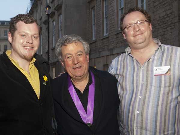 2. Comedy historian Jem Roberts, Bath Plug recipient Terry Jones and Bath Comedy Festival director Nick Steel outside the Little Theatre cinema. Image shows from L to R: Jem Roberts, Terry Jones, Nick Steel