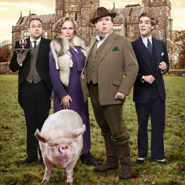 Blandings. Image shows from L to R: Beach (Tim Vine), Connie (Jennifer Saunders), Clarence (Timothy Spall), Freddie (Jack Farthing). Copyright: Mammoth Screen