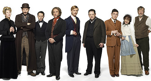 Chekhov: Comedy Shorts. Image shows from L to R: Popova (Julia Davis), Smirnoff (Julian Barratt), Butler (Reece Shearsmith), Nyukhin (Steve Coogan), Murashkin (Mackenzie Crook), Tolkachov (Johnny Vegas), Lomov (Mathew Horne), Natasha (Sheridan Smith), Natasha's Father (Philip Jackson). Copyright: Baby Cow Productions