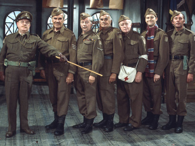 Dad's Army. Image shows from L to R: Captain Mainwaring (Arthur Lowe), Sergeant Wilson (John Le Mesurier), Lance Corporal Jones (Clive Dunn), Private Frazer (John Laurie), Private Godfrey (Arnold Ridley), Private Pike (Ian Lavender), Private Walker (James Beck). Copyright: BBC