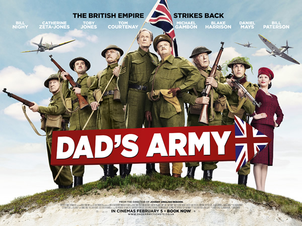 Dad's Army. Image shows from L to R: Private Frazer (Bill Paterson), Private Joe Walker (Daniel Mays), Corporal Jack Jones (Tom Courtenay), Sergeant Arthur Wilson (Bill Nighy), Captain George Mainwaring (Toby Jones), Private Godfrey (Michael Gambon), Private Frank Pike (Blake Harrison), Rose Winters (Catherine Zeta-Jones). Copyright: Universal Pictures / DJ Films