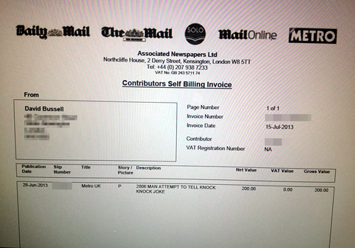 Picture of The Daily Mail invoice confirming payment of £200