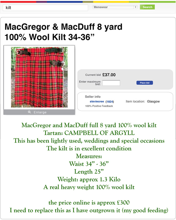 eBay advert for a wool kilt