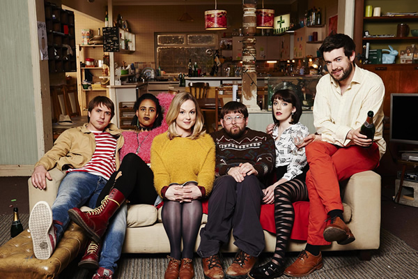 Fresh Meat. Image shows from L to R: Kingsley (Joe Thomas), Vod (Zawe Ashton), Josie (Kimberley Nixon), Howard (Greg McHugh), Oregon (Charlotte Ritchie), JP (Jack Whitehall). Copyright: Objective Productions / Lime Pictures