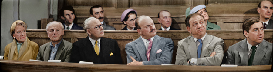 A panorama of the jury in episode Twelve Angry Men, created for colourisation reference. Credit: BBC, UKTV, Studio Crook