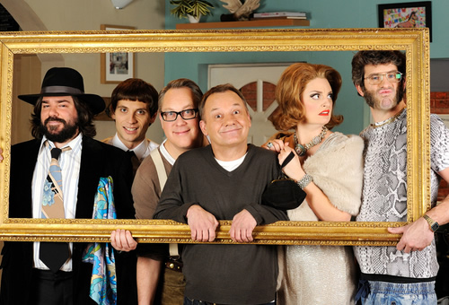 House Of Fools. Image shows from L to R: Beef (Matt Berry), Erik (Daniel Simonsen), Vic (Vic Reeves), Bob (Bob Mortimer), Julie (Morgana Robinson), Bosh (Dan Skinner). Copyright: BBC / Pett Productions