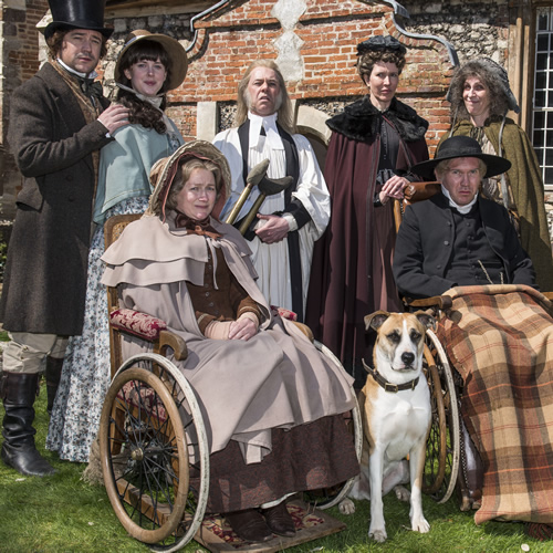 Hunderby. Image shows from L to R: Dr Foggerty (Rufus Jones), Helene (Alexandra Roach), Hesther (Rosie Cavaliero), Pastor John (Reece Shearsmith), Dorothy (Julia Davis), Edmund (Alex Macqueen), Biddy Ritherfoot (Jane Stanness). Copyright: Baby Cow Productions