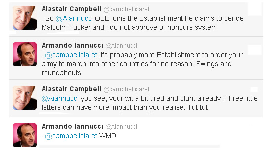 Alastair Campbell and Armando Iannucci exchanging words on Twitter over Iannucci accepting an OBE. 16th June 2012