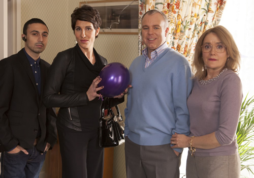 Inside No. 9. Image shows from L to R: Si (Adam Deacon), Sally (Tamsin Greig), Graham (Steve Pemberton), Jan (Sophie Thompson). Copyright: BBC