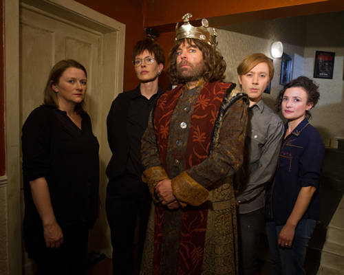 Inside No. 9. Image shows from L to R: Kirstie (Rosie Cavaliero), Felicity (Julia Davis), Tony (Steve Pemberton), Jim (Reece Shearsmith), Laura (Lyndsey Marshal). Copyright: BBC