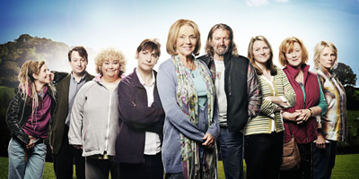 Jam & Jerusalem. Image shows from L to R: Tash Vine (Sally Phillips), Dr James Vine (David Mitchell), Rosie Bales (Dawn French), Tip Haddam (Pauline McLynn), Sal Vine (Sue Johnston), Jock (Clive Russell), Kate Bales (Rosie Cavaliero), Eileen Pike (Maggie Steed), Caroline Martin (Jennifer Saunders). Copyright: BBC