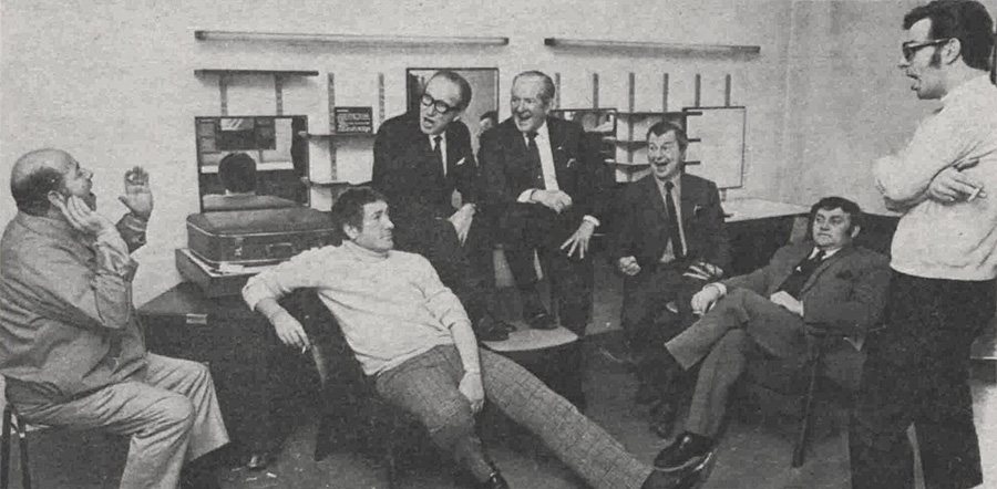 Jokers Wild players pictured backstage. Image shows left to right: Stubby Kaye, Ray Martine, Arthur Askey, Ted Ray, Clive Dunn, Les Dawson, Barry Cryer