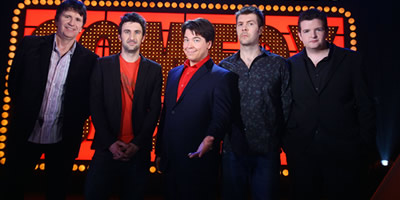 Michael McIntyre's Comedy Roadshow. Image shows from L to R: Stewart Francis, Mark Watson, Michael McIntyre, Rhod Gilbert, Kevin Bridges. Copyright: Open Mike Productions