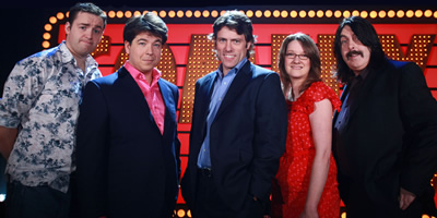 Michael McIntyre's Comedy Roadshow. Image shows from L to R: Jason Manford, Michael McIntyre, John Bishop, Sarah Millican, Mick Ferry. Copyright: Open Mike Productions