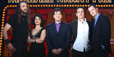 Michael McIntyre's Comedy Roadshow. Image shows from L to R: Steve Hughes, Shaparak Khorsandi, Michael McIntyre, Tom Stade, Paul Tonkinson. Copyright: Open Mike Productions