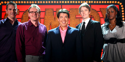 Michael McIntyre's Comedy Roadshow. Image shows from L to R: Steve Williams, Sean Lock, Michael McIntyre, Alun Cochrane, Ava Vidal. Copyright: Open Mike Productions