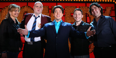 Michael McIntyre's Comedy Roadshow. Image shows from L to R: Jo Caulfield, Al Murray, Michael McIntyre, Jon Richardson, Micky Flanagan. Copyright: Open Mike Productions