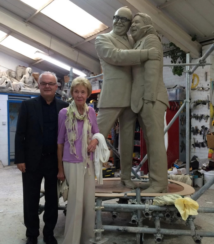 Morecambe & Wise statue. Image shows from L to R: Gary Morecambe, Joan Morecambe