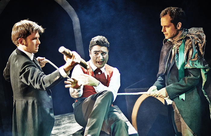 Mr Swallow: The Musical. Image shows from L to R: Kieran Hodgson, Nick Mohammed, David Elms