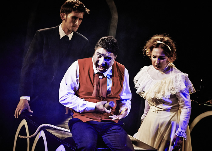 Mr Swallow: The Musical. Image shows from L to R: Kieran Hodgson, Nick Mohammed, Joanna Grace