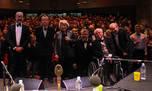 The News Quiz. Image shows from L to R: Jeremy Hardy, Sandi Toksvig, Phill Jupitus, Francis Wheen, Andy Hamilton. Copyright: BBC