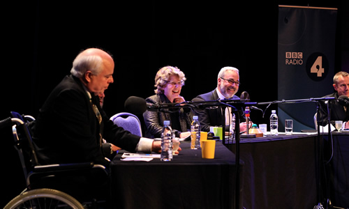 The News Quiz. Image shows from L to R: Francis Wheen, Sandi Toksvig, Jeremy Hardy. Copyright: BBC