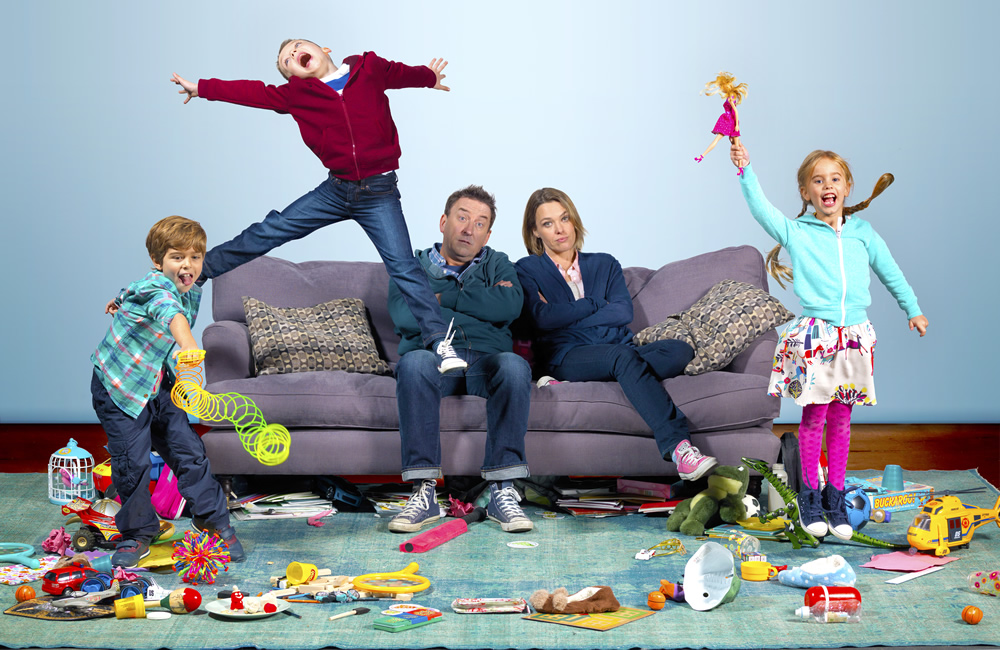 Not Going Out. Image shows from L to R: Benji (Max Pattison), Charlie (Finley Southby), Lee (Lee Mack), Lucy (Sally Bretton), Molly (Francesca Newman)