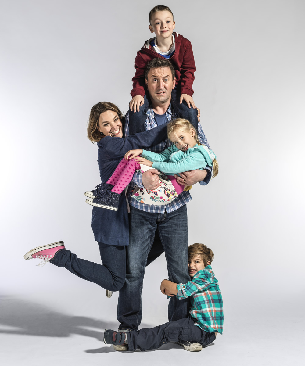 Not Going Out. Image shows from L to R: Lucy (Sally Bretton), Lee (Lee Mack), Charlie (Finley Southby), Molly (Francesca Newman), Benji (Max Pattison)