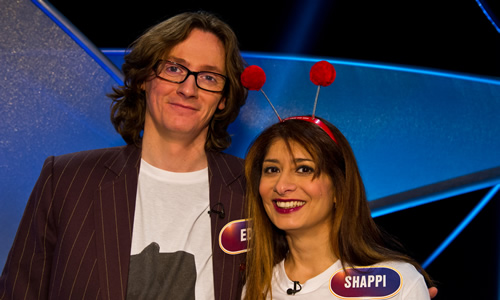 Pointless Celebrities. Image shows from L to R: Ed Byrne, Shaparak Khorsandi