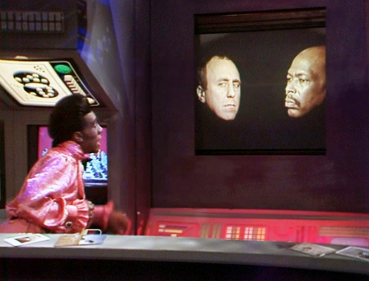 Red Dwarf. Image shows left to right: Cat (Danny John-Jules), Holly (Norman Lovett), Queeg (Charles Augins). Credit: BBC