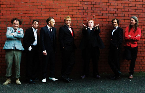 Slightly Fat Features. Image shows from L to R: Herbie Treehead, Gareth Jones, Jon Hicks, Goronwy Thom, Matt Barnard, Richard Garaghty, Robert Lee