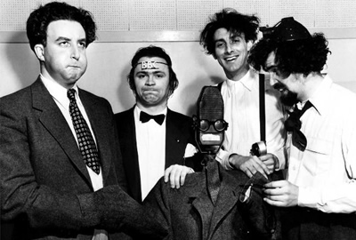 The Goon Show. Image shows from L to R: Hercules Grytpype-Thynne (Peter Sellers), Neddie Seagoon (Harry Secombe), Count Jim Moriarty (Spike Milligan), Professor Osric Pureheart (Michael Bentine). Copyright: BBC