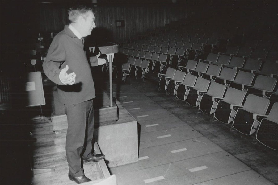 Tony Hancock rehearsing on stage at the Royal Festival Hall. Photograph courtesy of THAS archive. Tony Hancock