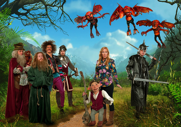 Yonderland. Image shows from L to R: Laurence Rickard, Jim Howick, Mathew Baynton, Ben Willbond, Debbie Maddox (Martha Howe-Douglas), Simon Farnaby. Copyright: Working Title Films