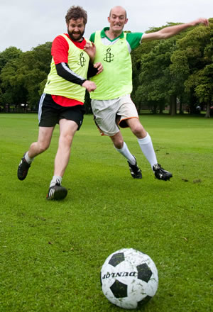 The Amnesty Comics vs Critics Football Match. Image shows from L to R: Edd McCracken, Rob Rouse