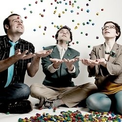 Festival of the Spoken Nerd. Image shows from L to R: Matt Parker, Steve Mould, Helen Arney