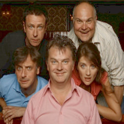 Paul Merton's Impro Chums. Image shows from L to R: Richard Vranch, Lee Simpson, Paul Merton, Mike McShane, Suki Webster