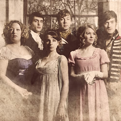 Austentatious: An Improvised Jane Austen Novel. Image shows from L to R: Amy Cooke-Hodgson, Joseph Morpurgo, Andrew Hunter Murray, Rachel Parris, Cariad Lloyd, Graham Dickson