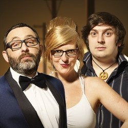 AAA Stand-Up Late. Image shows from L to R: Paul McMullan, Robyn Perkins, George Rigden. Copyright: BBC