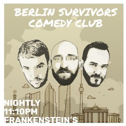 Berlin Survivors' Comedy Club. Image shows from L to R: Shawn Jay, Ori Halevy, Francesco Kirchhoff