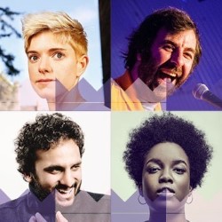 Show And Tell at The Queen's Hall. Image shows from L to R: Mae Martin, David O'Doherty, Nish Kumar, Lolly Adefope