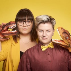 Secret Dinosaur Cult Live. Image shows from L to R: Sofie Hagen, Jodie Mitchell