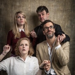 There Will Be Cake. Image shows from L to R: Marcus Brigstocke, Pippa Evans, Rachel Parris, Paul Foxcroft