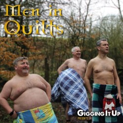 Men in Quilts. Image shows left to right: Ronnie Black, Graham Stewart, Kenny Sinclair