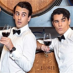 In Pour Taste: A Comedy Wine Tasting Experience. Image shows left to right: Sweeney Preston, Ethan Cavanagh