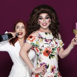 Drag Queen Wine Tasting. Image shows left to right: Beth Brickenden, Vanity von Glow