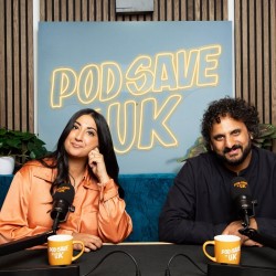 Pod Save the UK - Live!. Image shows left to right: Nish Kumar, Coco Khan