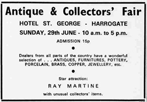 Newspaper billing for a 1970s antique fair with Ray Martine in attendance