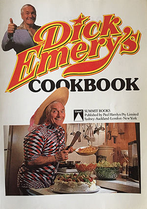 The inside front cover of Dick Emery's Cookbook. Dick Emery